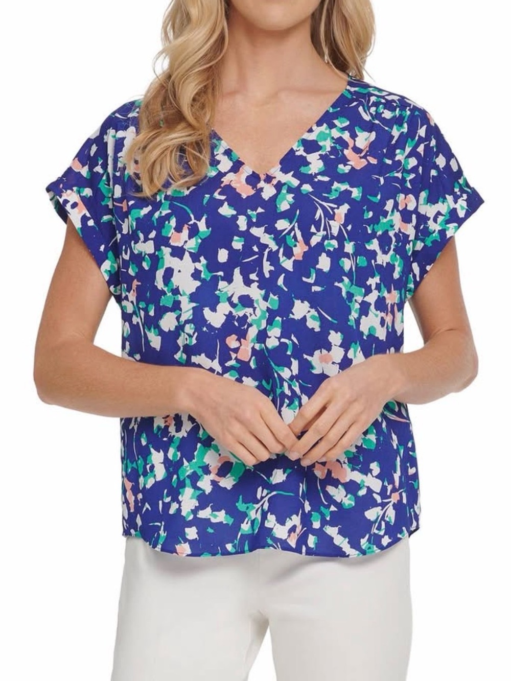 LN DKNY Blue Floral Cap Sleeve blouse